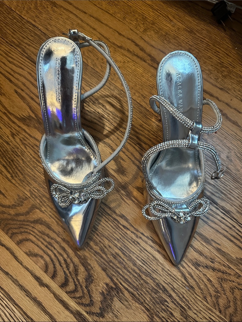 Silver Pointed-Toe Crystal Strap Heels with Decorative Bow